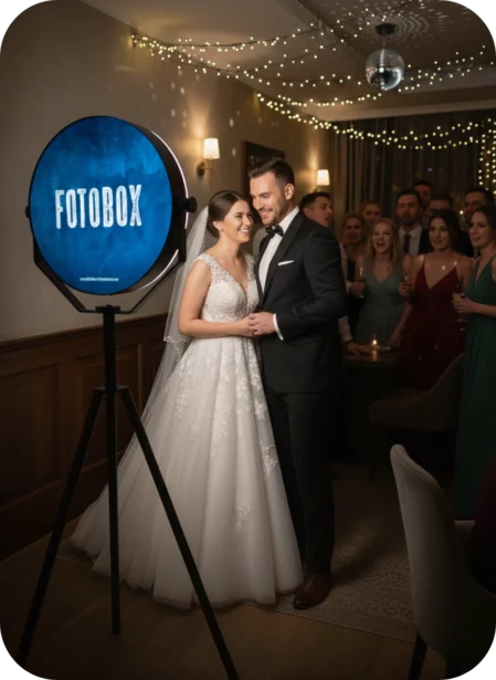 Ein glückliches Brautpaar steht lachend Arm in Arm vor einer runden, blau leuchtenden Fotobox mit der Aufschrift "FOTOBOX" in einem festlich beleuchteten Saal in Wiesbaden.