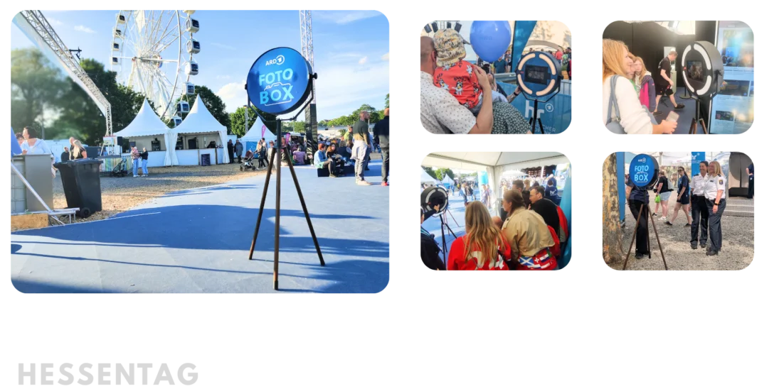Eine Collage von vier Bildern, die eine ARD-Fotobox auf dem Hessentag zeigen. Besucher und Familien nutzen die Fotobox im Freien für Schnappschüsse. Im Hintergrund sind Karussells und Stände zu sehen.