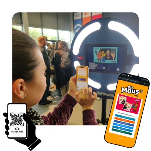 Social Sharing an der Fotobox auf der Frankfurter Buchmesse Eine Besucherin scannt den QR-Code an einer Fotobox auf der Buchmesse in Frankfurt, um ihr Foto direkt auf dem Smartphone zu teilen. Auf dem Bildschirm sind Optionen für Social Sharing über verschiedene Kanäle zu sehen.