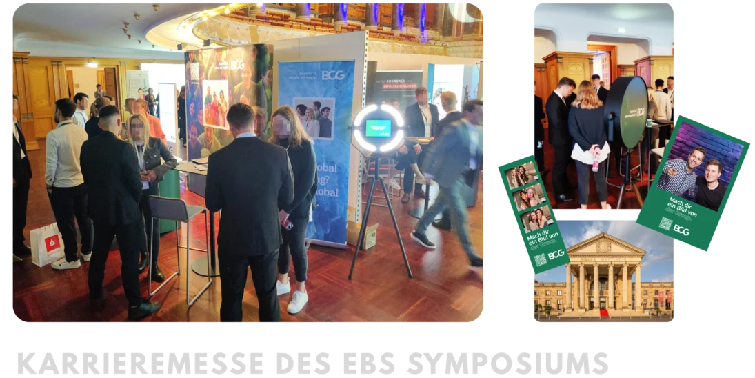 Teilnehmer und Studierende besuchen die Karrieremesse des EBS Symposiums und interagieren mit den Messeständen von Unternehmen wie BCG, die auch eine Fotobox anbieten.