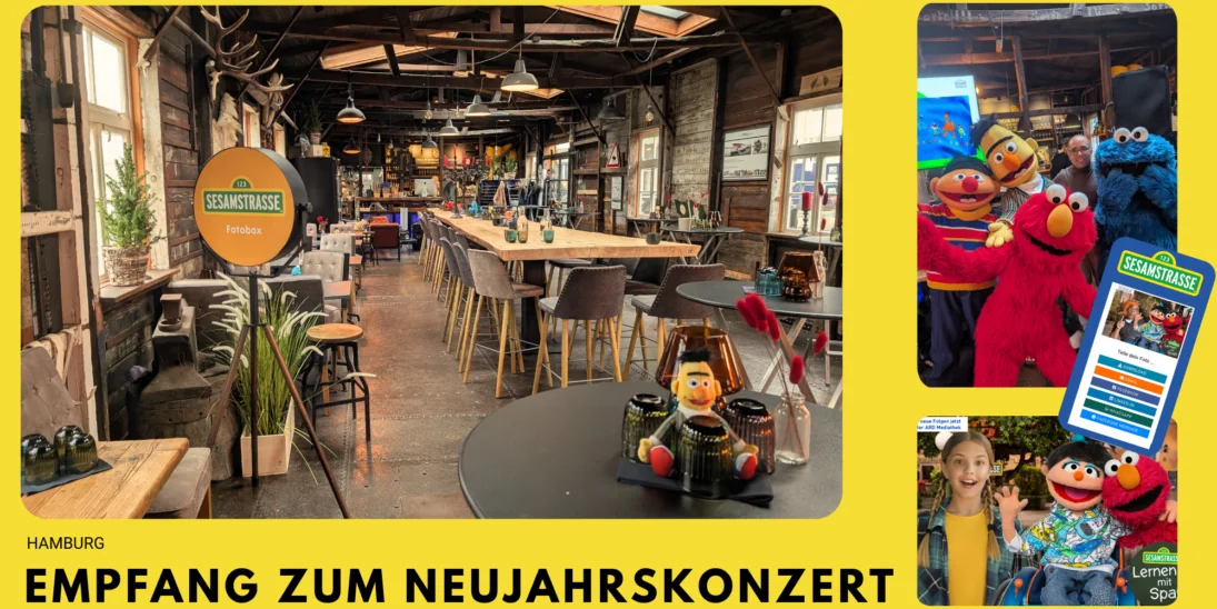 Eine Collage zeigt eine Fotobox im Stil der Sesamstraße in einem rustikalen Restaurant. Auf weiteren Bildern sind Besucher mit den Figuren Ernie, Elmo, dem Krümelmonster und Bert sowie eine digitale Ansicht der Fotobox-Bilder zu sehen.