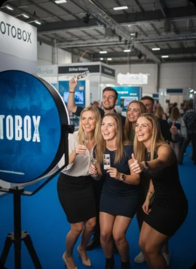 Eine Gruppe junger Business-Leute in Abendgarderobe und Smart-Casual-Look feiert vor einer Fotobox auf einem Messestand mit blauem Teppich. Sie halten Sektgläser und frische Fotostreifen in die Höhe, lachen und geben "Daumen hoch".