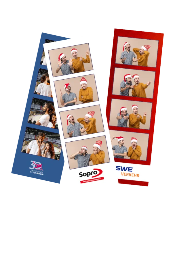 Drei Fotostreifen für Firmenevents mit Logo und Branding Drei gedruckte Fotostreifen mit verschiedenen Firmenlogos und Designs. Einer zeigt Fotos vom Lilliencup-Event, ein anderer von Sopro und der dritte von ESWE Verkehr mit Personen, die Nikolausmützen tragen.